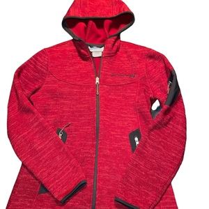 Free Country Fleece Jacket Hooded Zip Up Deep Red Size Small Pocket on Sleeve